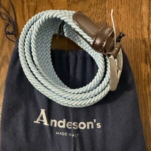 Anderson  3.5cm Leather-Trimmed Woven Stretch Cotton Belt Baby Blue